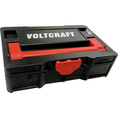 A black Voltcraft toolbox with red handle and latch, branded 'Voltcraft' on the lid, used for organizing and storing tools.