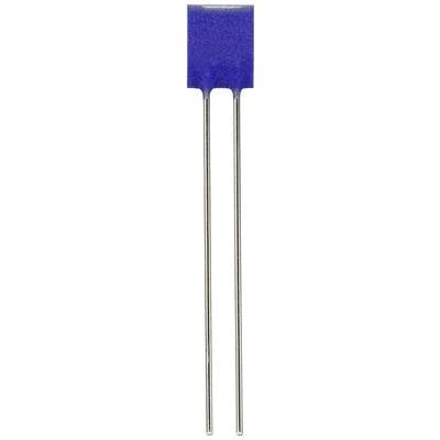A blue ceramic capacitor with two metal pins pointing downwards.