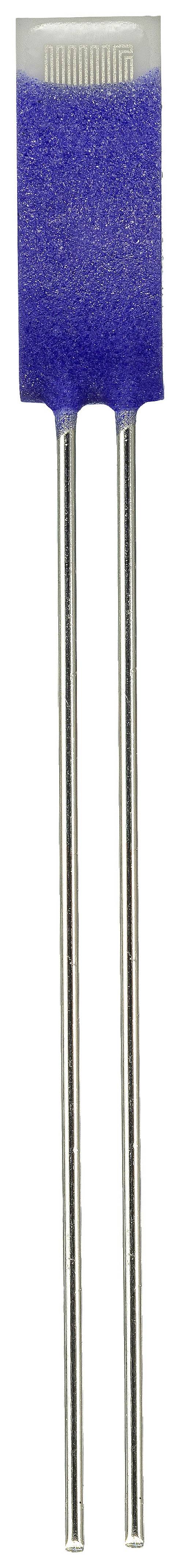 A blue, rectangular electronic component with two silver metal legs, most likely a capacitor or resistor.