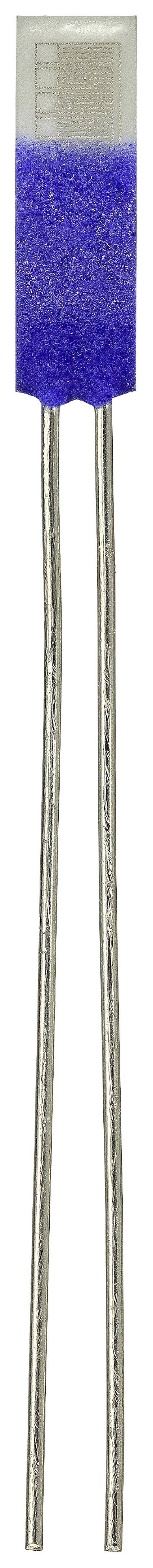 A cylindrical electronic component with two long, straight wires at the bottom.