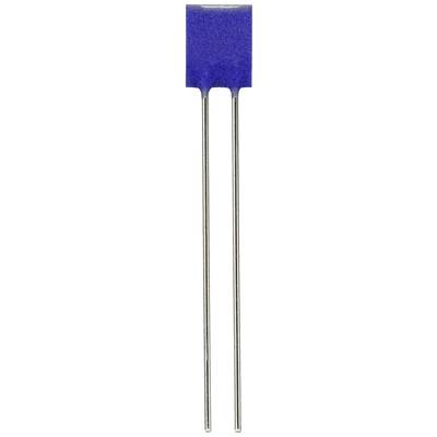 A blue electronic component with two long metal legs, most likely a capacitor.
