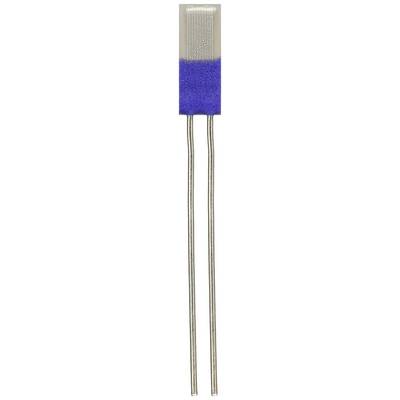 Thermocouple with blue insulation and two long metal legs, used in temperature measuring devices.