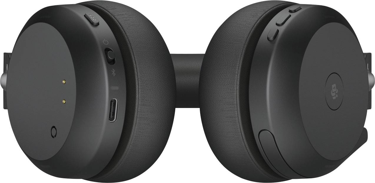 Black, wireless headphones with buttons and ports on the ear cups, folded.