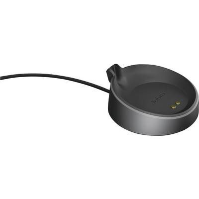 Black charging base with cable, two golden contacts and 'Jabra' logo, for charging compatible electronic devices.