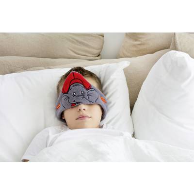 A child is sleeping in bed wearing a sleep mask with an elephant design. They are lying between white pillows and under a white duvet.