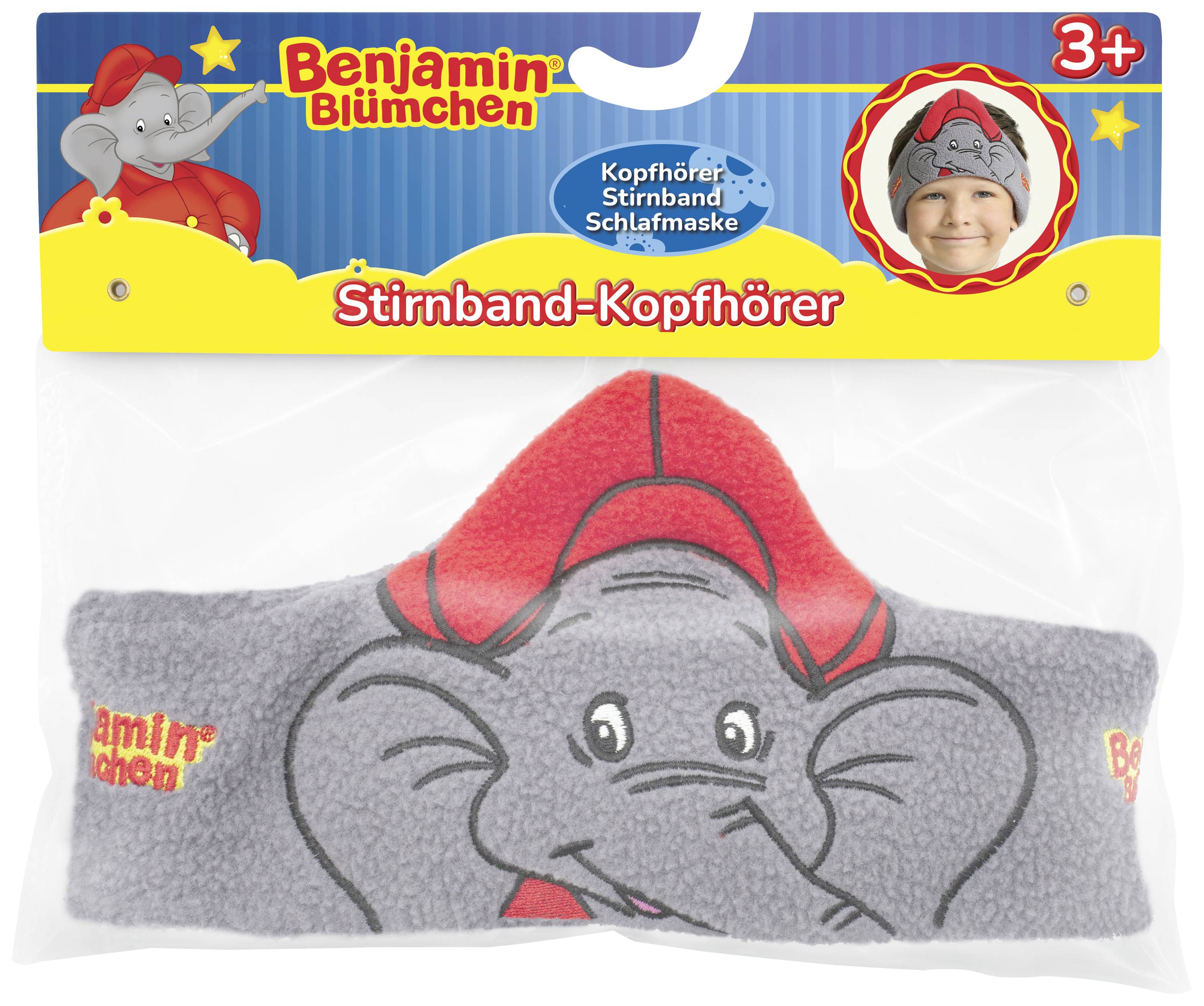 A pack of 'Benjamin Blümchen' headband headphones for children aged 3 and up. The headband features a smiling elephant design.