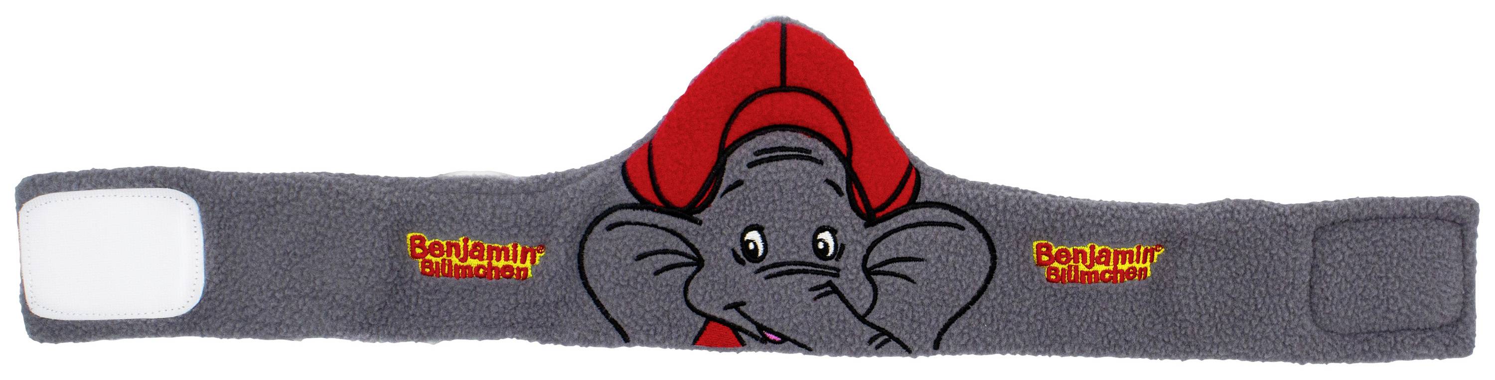 Grey children's headband with an elephant picture, red hat, text 'Benjamin Blümchen' in yellow and red on both sides.
