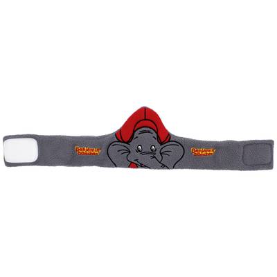 Grey children's headband with an elephant picture, red hat, text 'Benjamin Blümchen' in yellow and red on both sides.