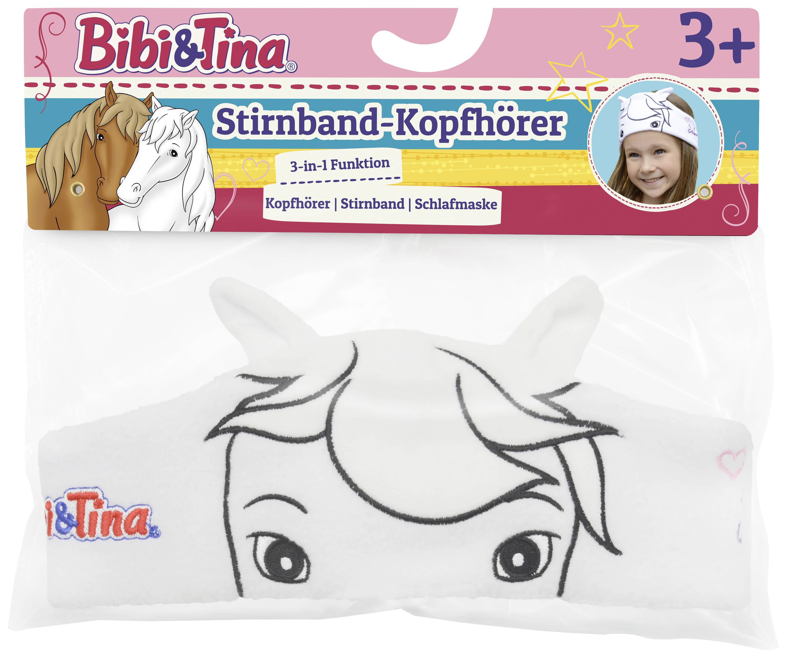 'Bibi & Tina Headband Headphones' Packaging. Suitable for children aged 3 and over. Shows a headband with horse ears and integrated headphones.