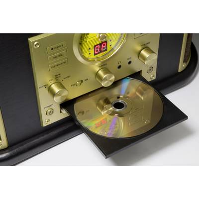 A retro radio with an open CD compartment, with a CD partially extended. Golden buttons and an analogue display on the front panel.