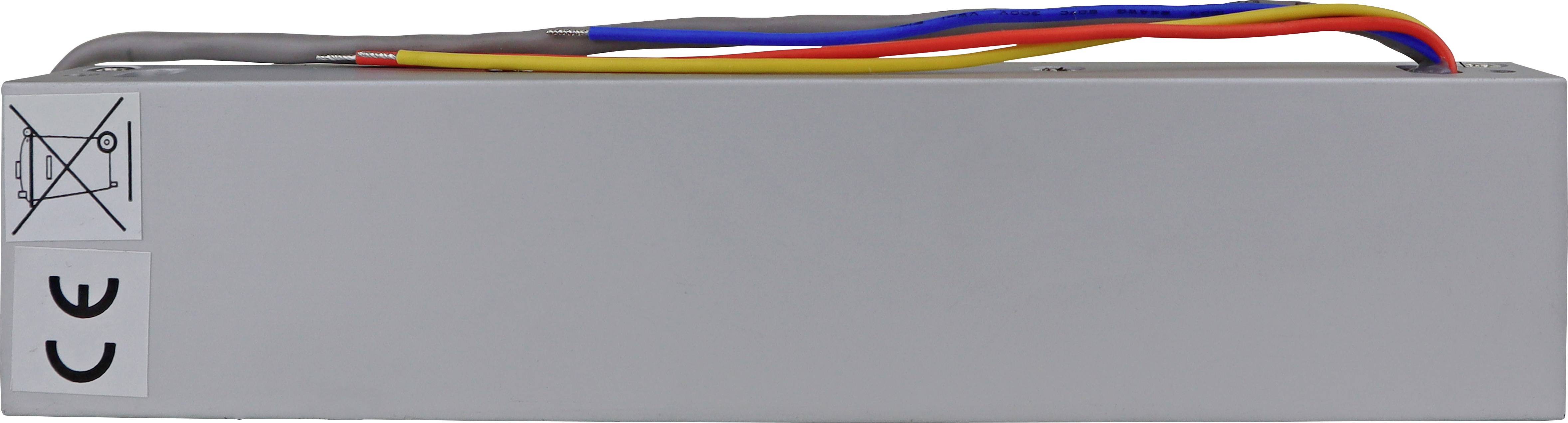 Grey rectangular device with colourful cables on top and CE marking. Symbol for not disposing of in household waste on the left side.