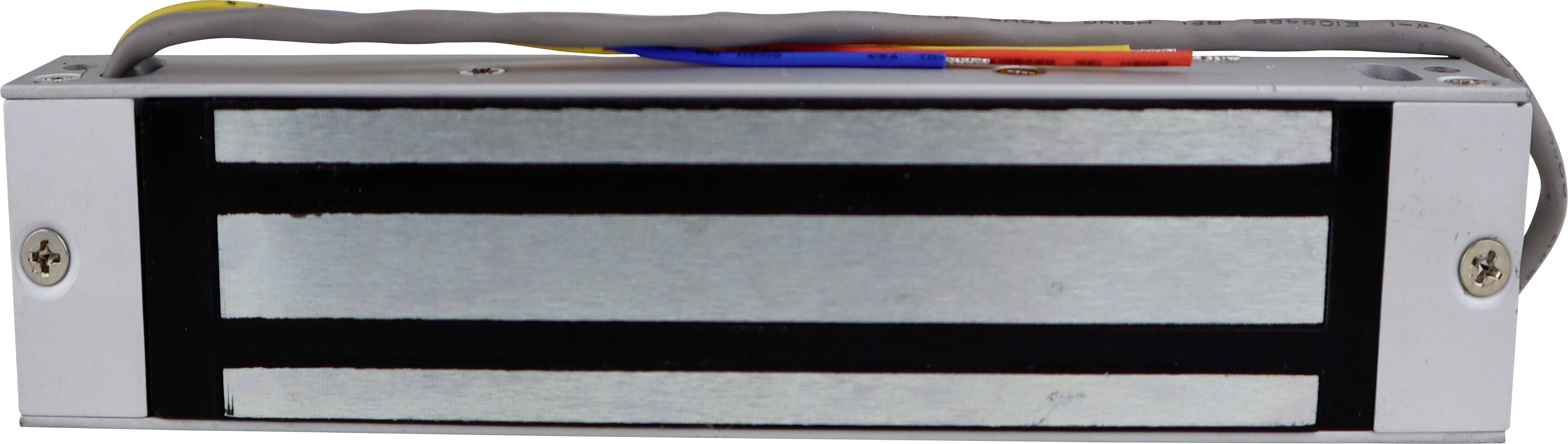 An electromagnetic door lock in a metal casing with visible wires at the top for power supply.