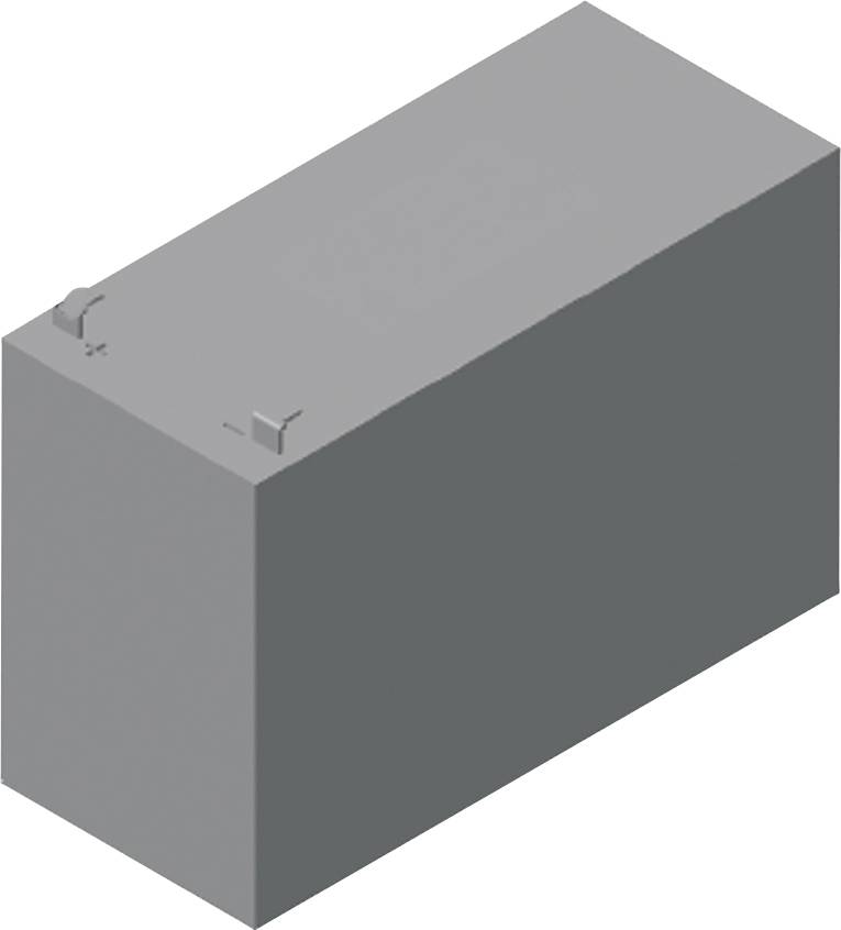 Grey, rectangular battery with positive and negative terminals at the top.
