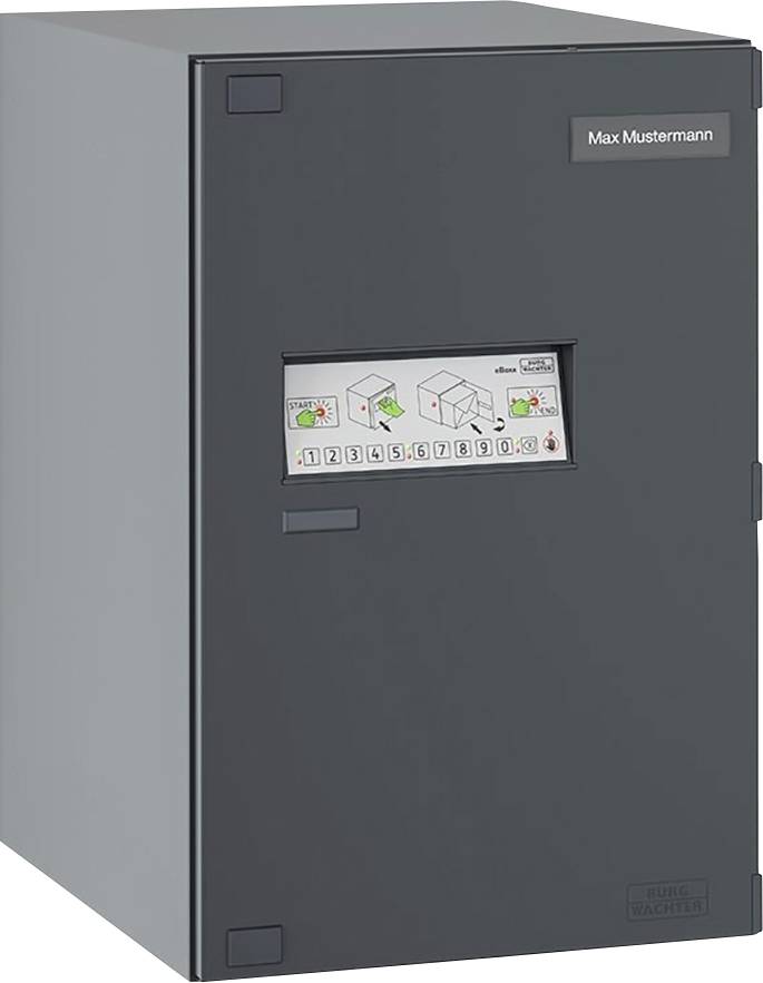 Grey letterbox with printed number display and name 'Max Mustermann'. A mail slot is located at the top.