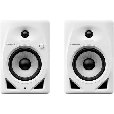A pair of white studio monitors with a large woofer and a smaller tweeter. Ideal for professional audio applications.