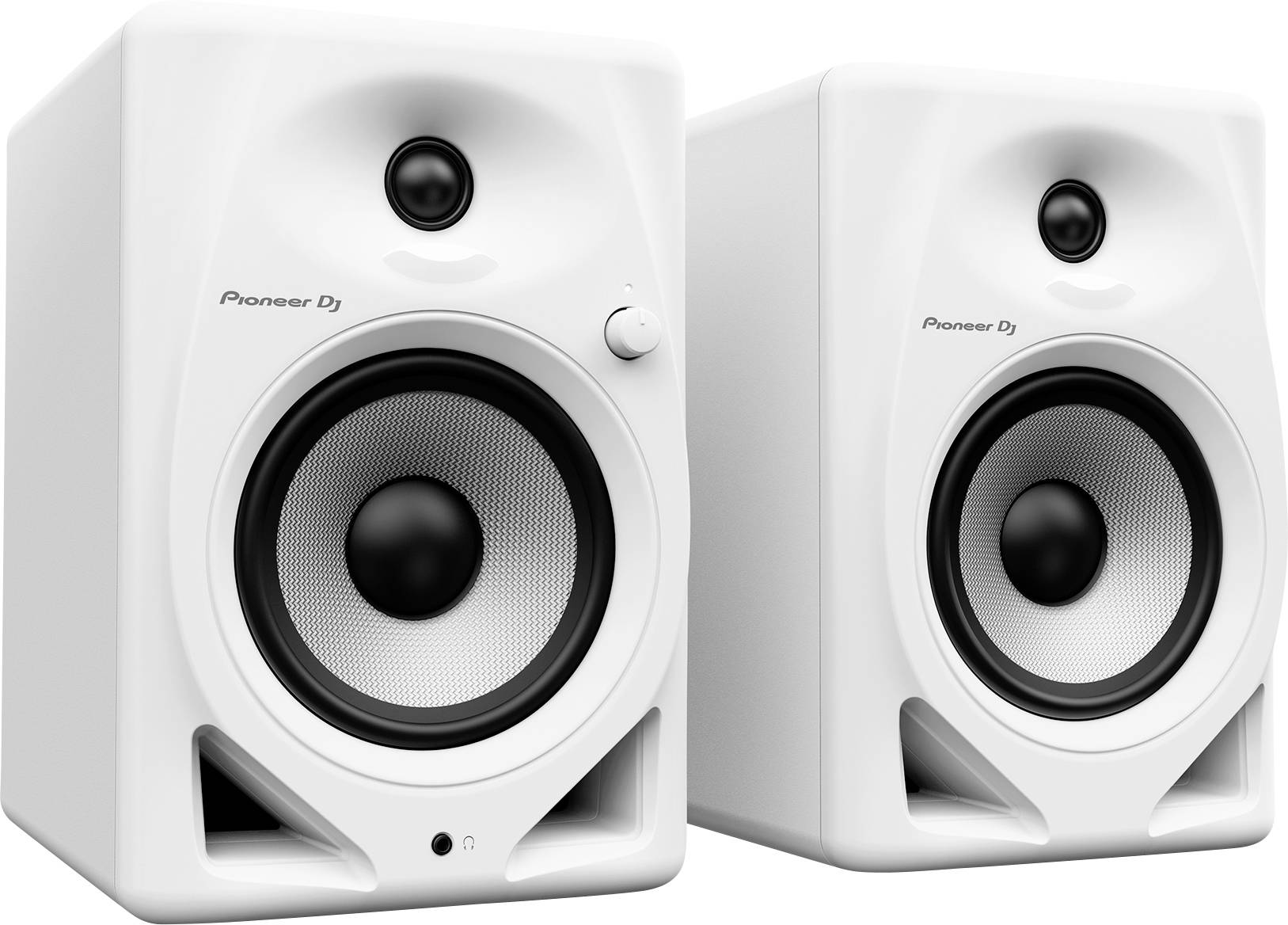 Two white speakers with round grilles and rotary knobs on the front, marked as 'Pioneer DJ', positioned side by side.
