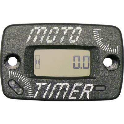 Black motorcycle timer display with digital readout, showing '0.0'. Framed by graphical speedometer elements.