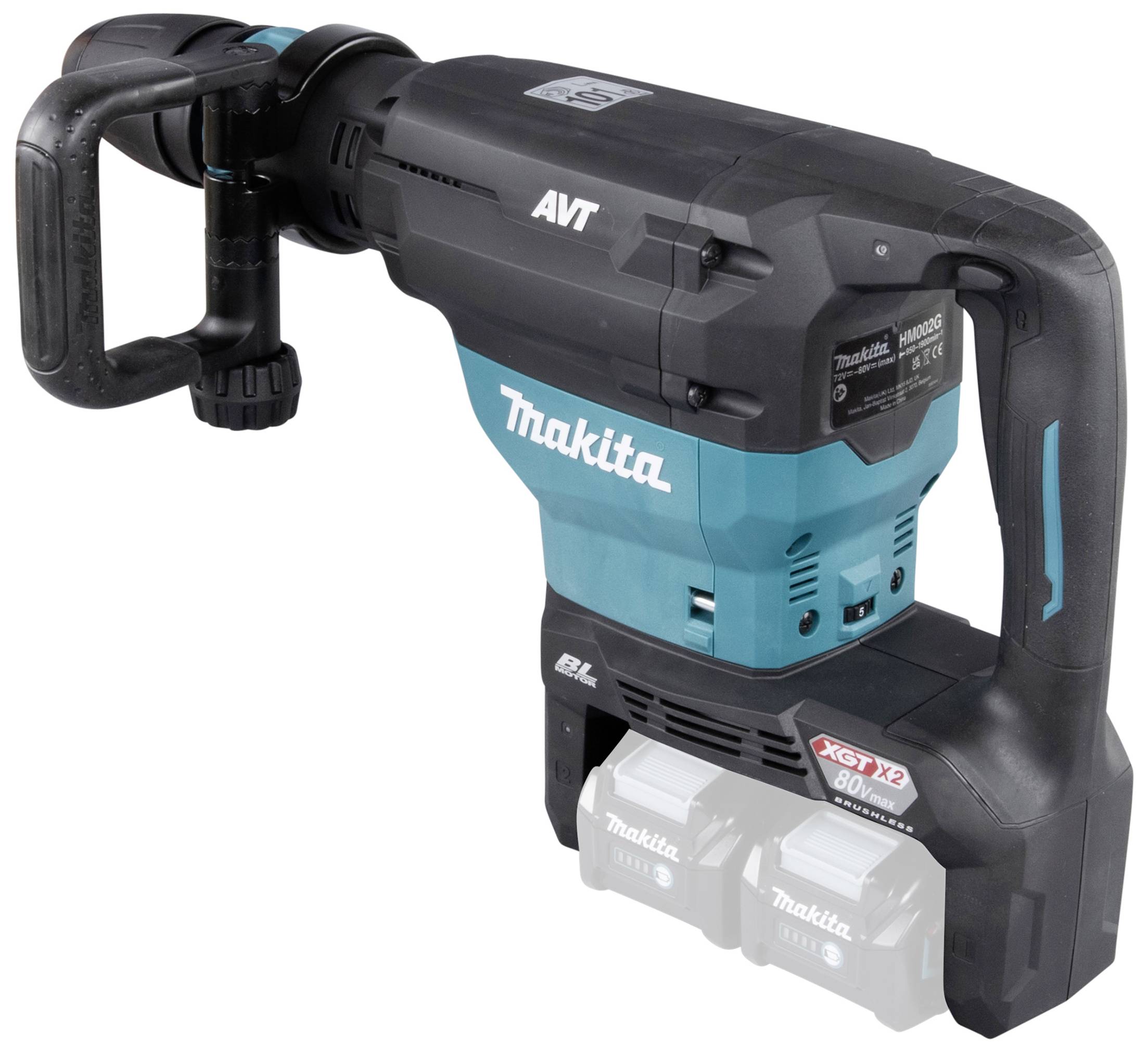 A portable electric Makita demolition hammer with a black and blue casing. Two batteries are secured at the bottom.