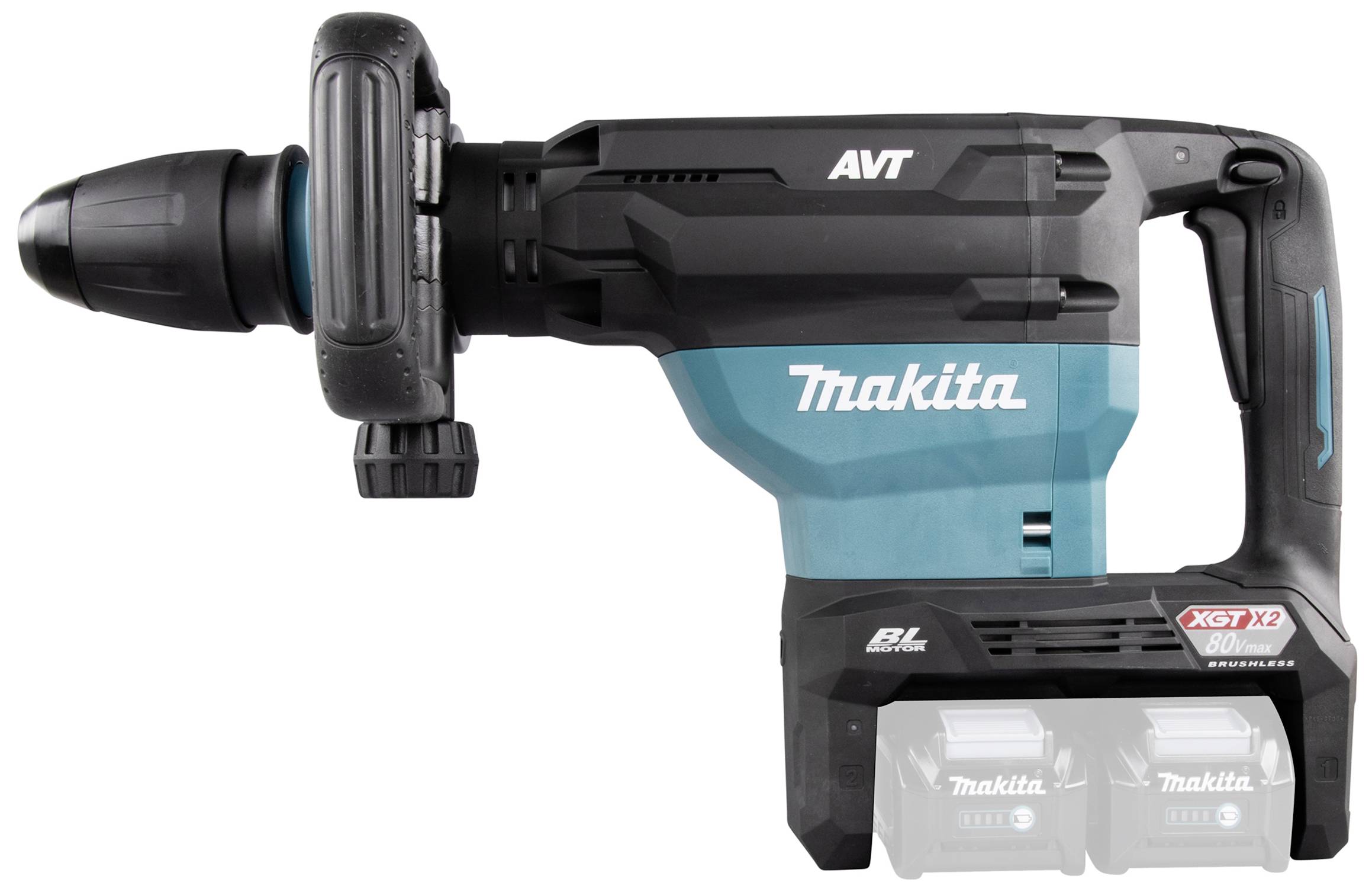 An electric drill hammer with a grey and blue casing, bearing the inscription 'Makita' and 'AVT'. It has handles and a drill chisel.