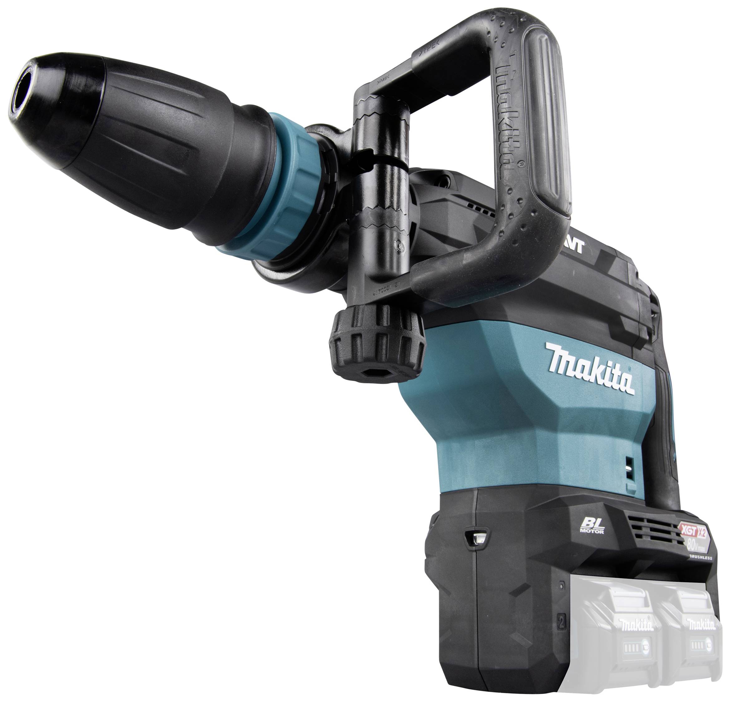 A cordless hammer drill with blue and black casing. 'Makita' brand name visible. Device has an ergonomic handle.