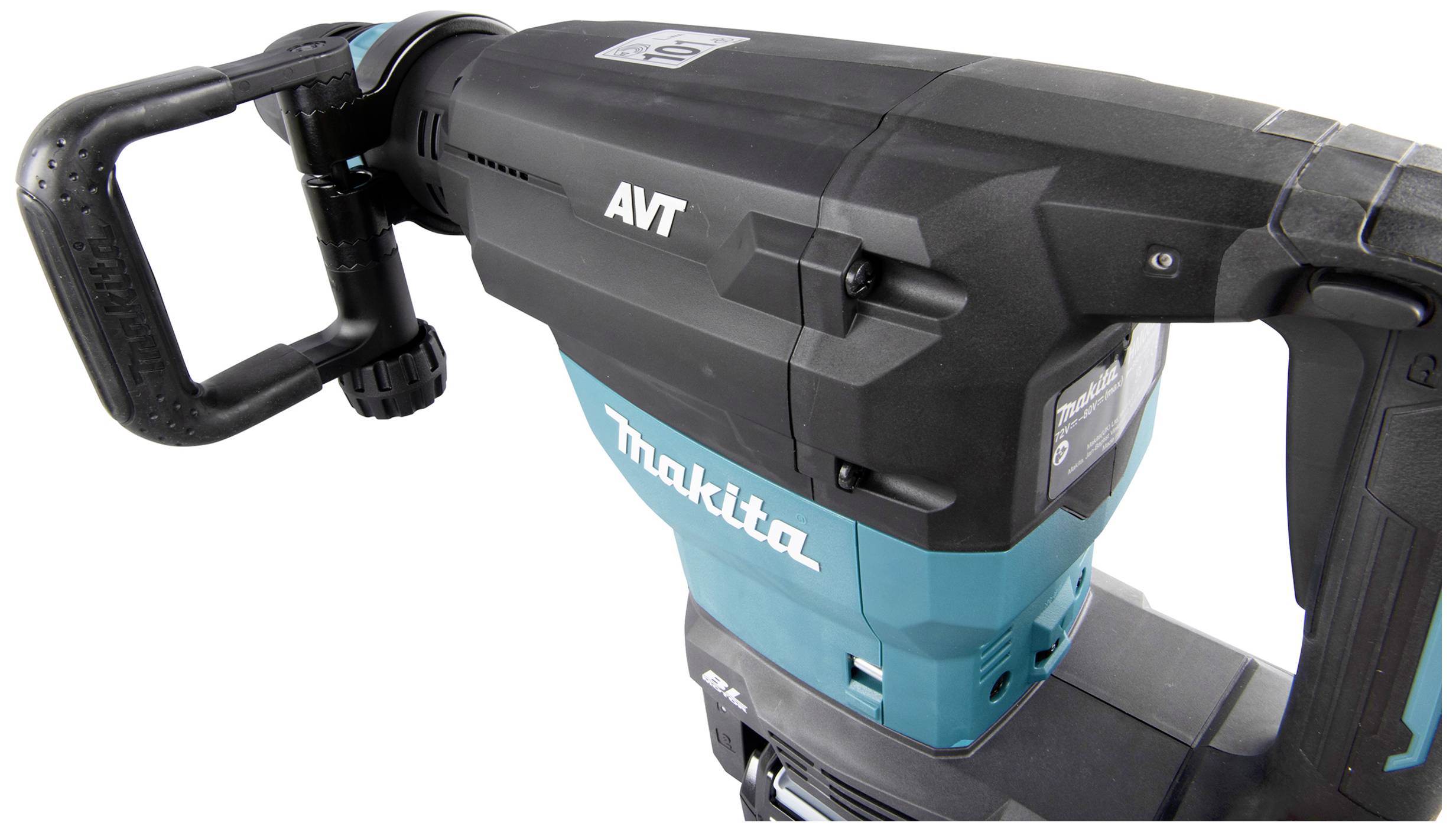 Makita demolition hammer in close-up, black and turquoise with AVT technology. Ideal for heavy-duty demolition work.