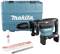 A blue Makita hammer drill with attachments, lubricant, cloth and matching case. Suitable for construction work.