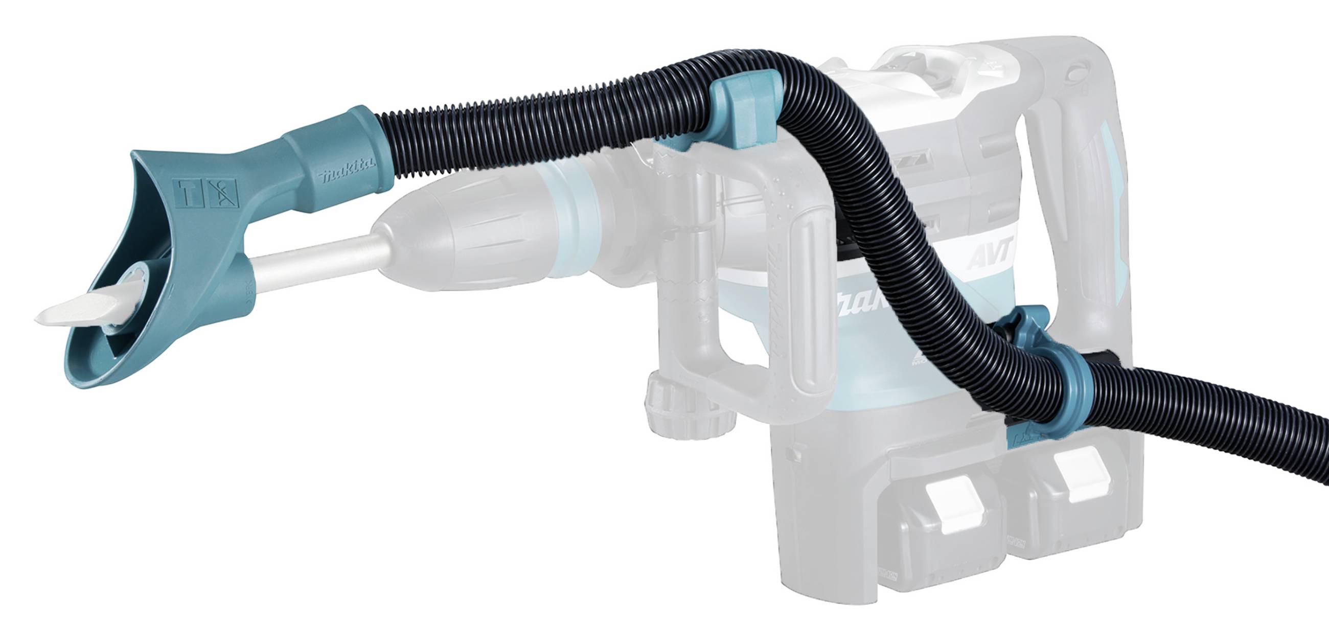 A vacuum attachment fitted to a drilling device to collect dust. The attachment is flexible and blue.