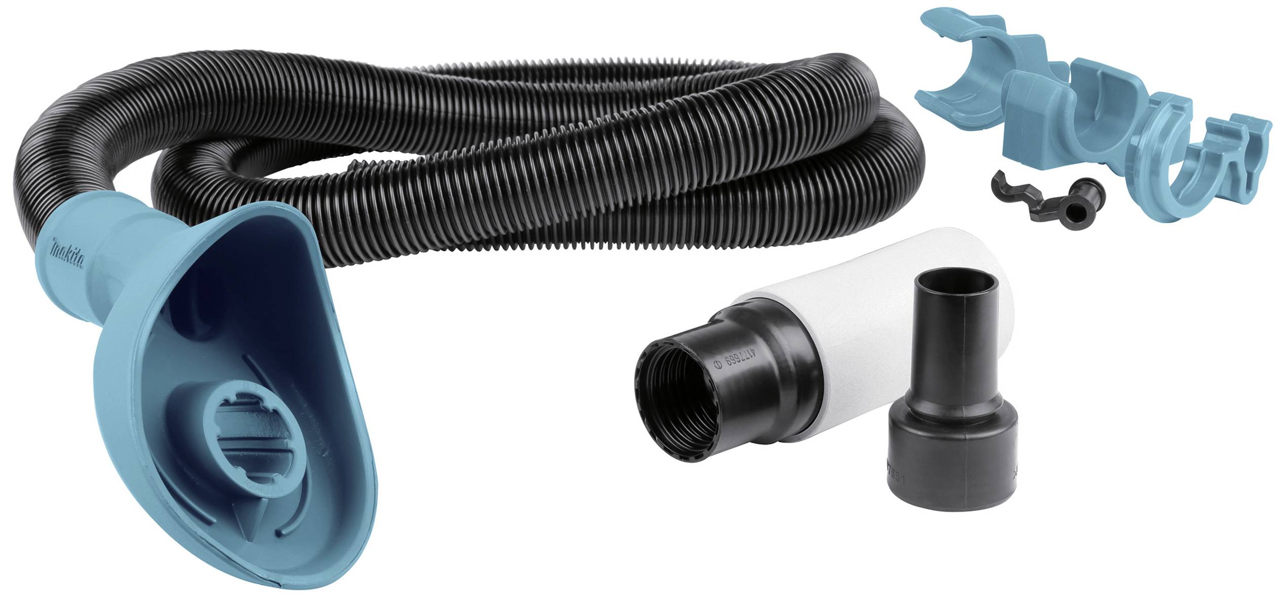 Flexible hose and several blue adapter parts, presumably for a cleaning or ventilation system.