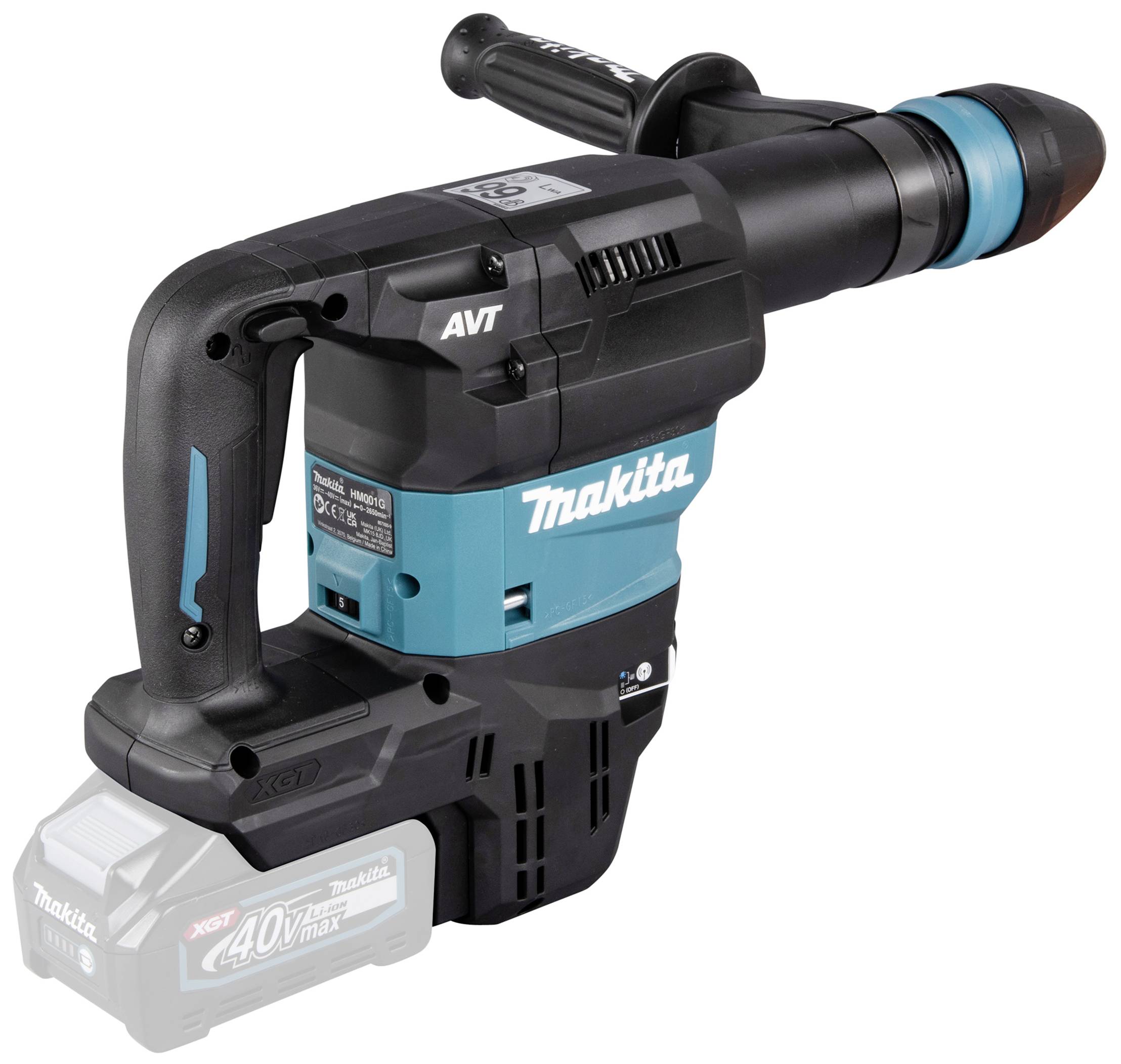 Makita hammer drill, AVT model in black and blue, with an ergonomic handle and 40V battery, suitable for heavy-duty drilling work.