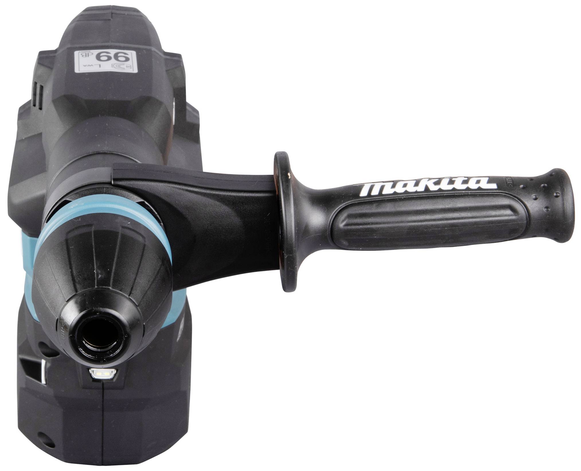 An electric drill hammer focuses on the handle and the drill head.