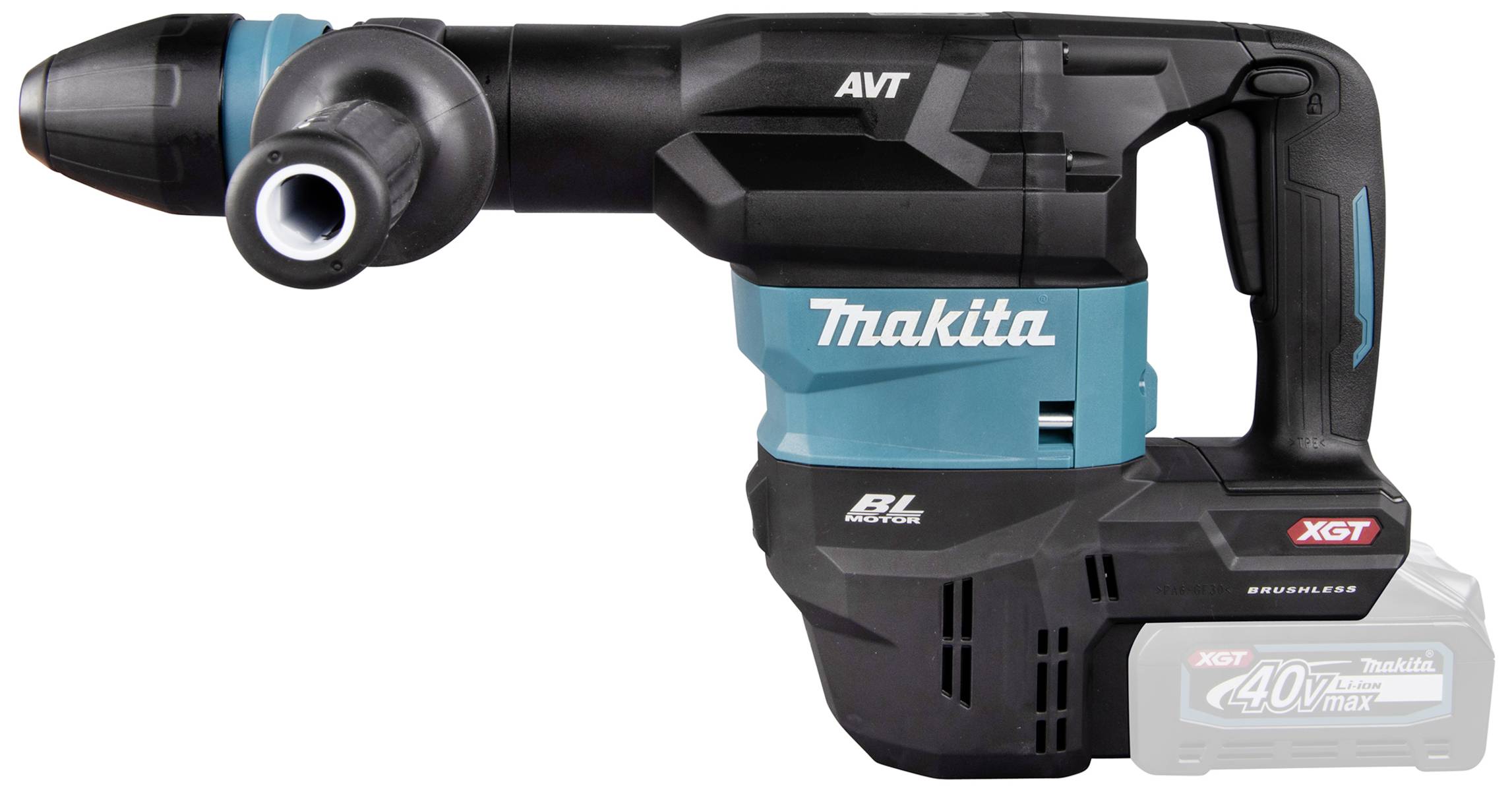 A cordless hammer drill by Makita, XGT model, in black and blue. Equipped with a brushless motor for high performance.