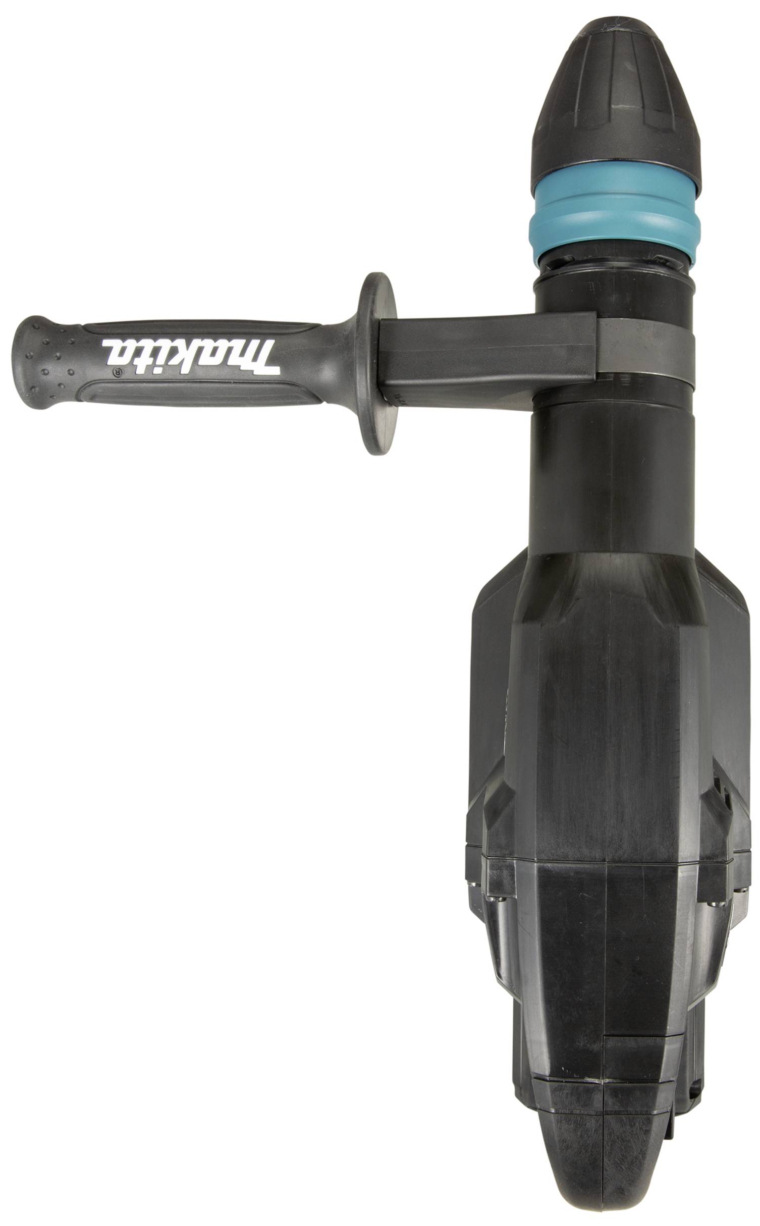 Electrical power tool, a black hammer drill viewed from above, with a blue ring around the shaft, handle with 'Makita' logo affixed on the left side.