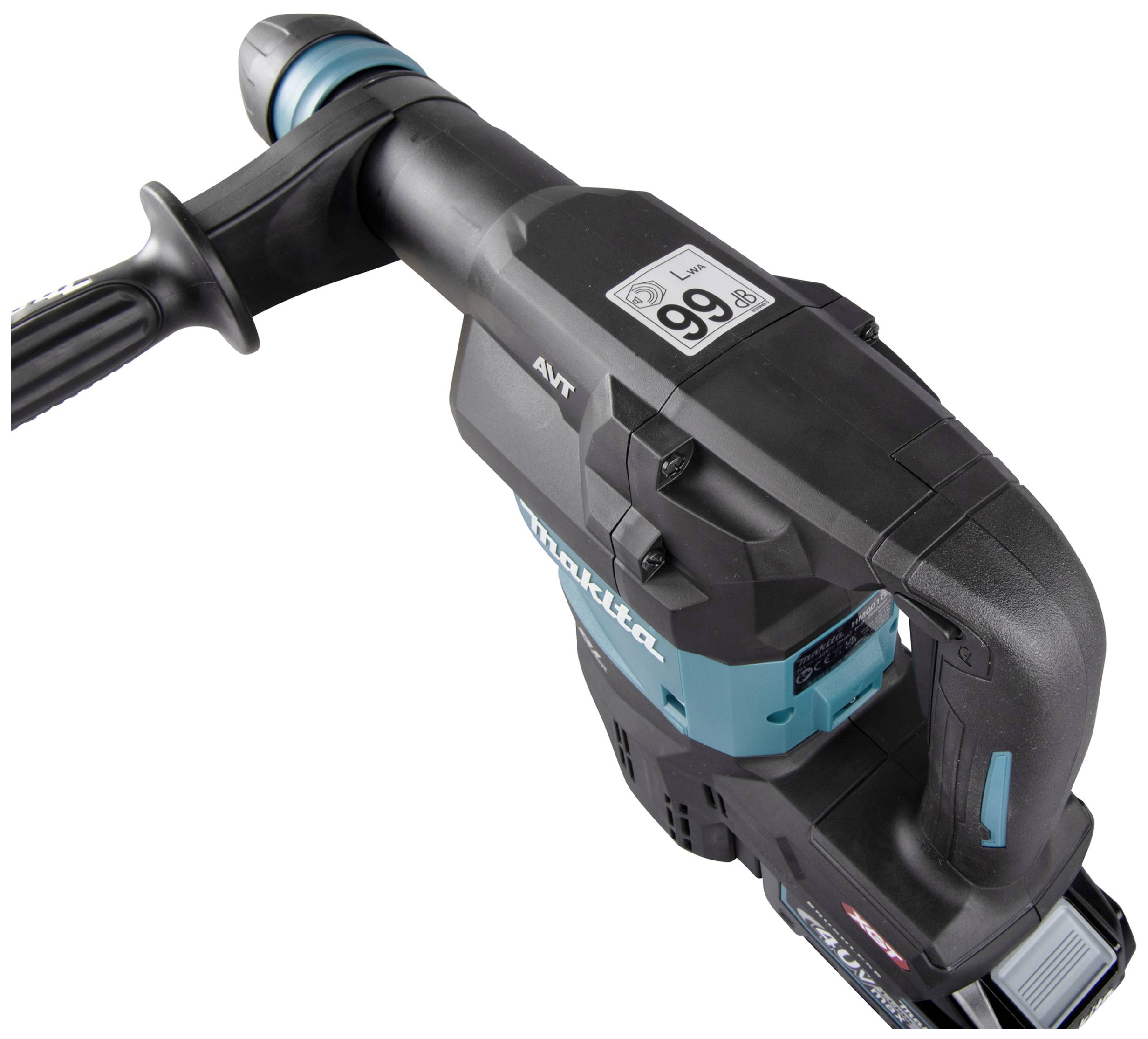 Makita hammer drill in black and blue with handle. A label shows a noise level of 99 dB.