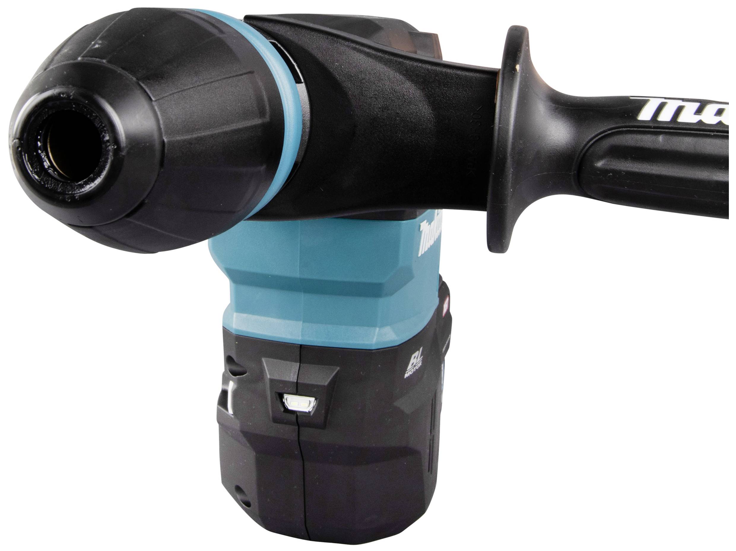 A blue and black electric drill or hammer drill with a side handle, used for drilling and screwing.
