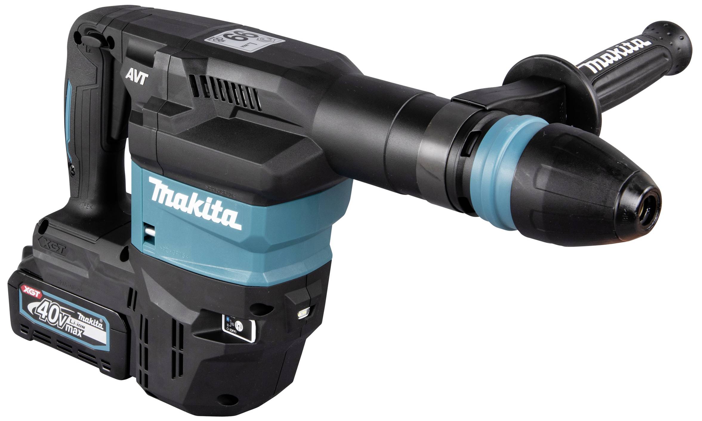 Shown is a blue and black Makita cordless hammer drill. The device features an auxiliary handle for improved handling.