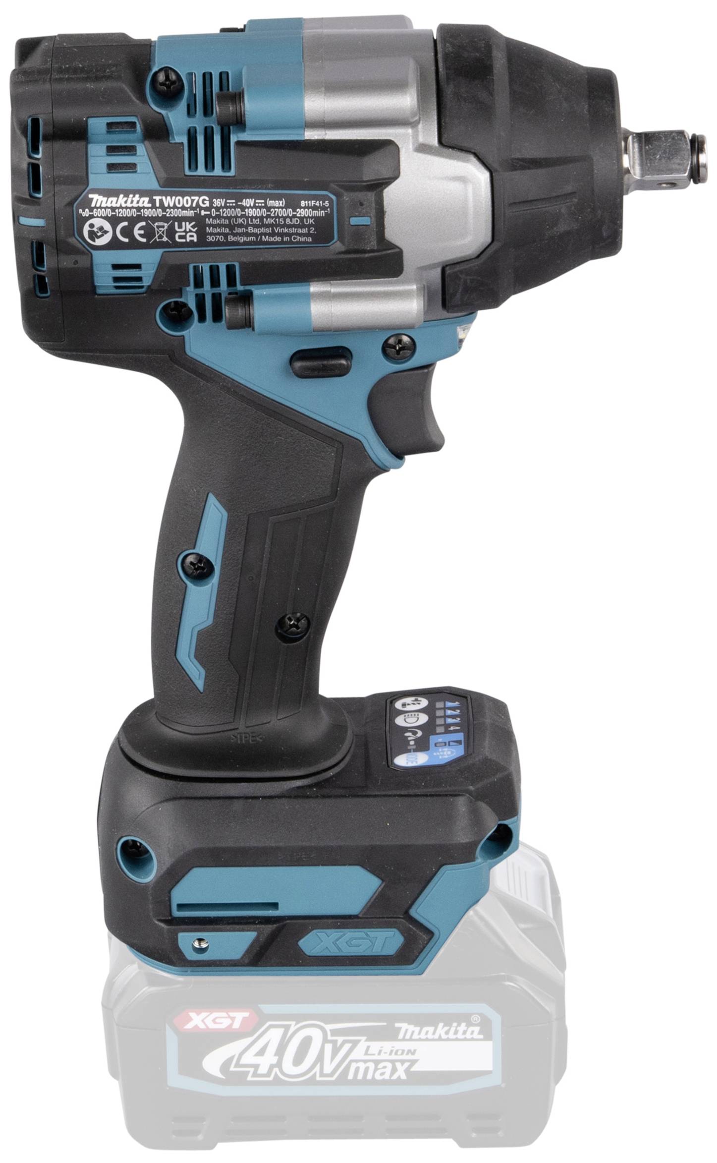 An electric impact driver with a blue-black casing, illuminated control panel and 40V Max battery, suitable for heavy-duty work.