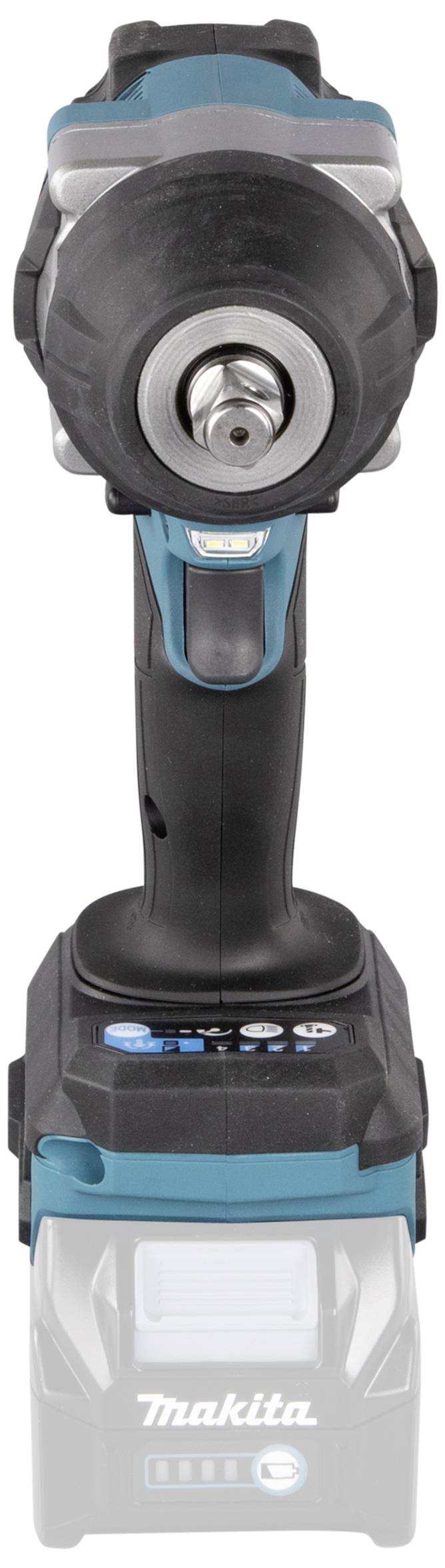 A cordless impact driver in black and blue, pictured front-on, with battery visibly attached at the bottom.