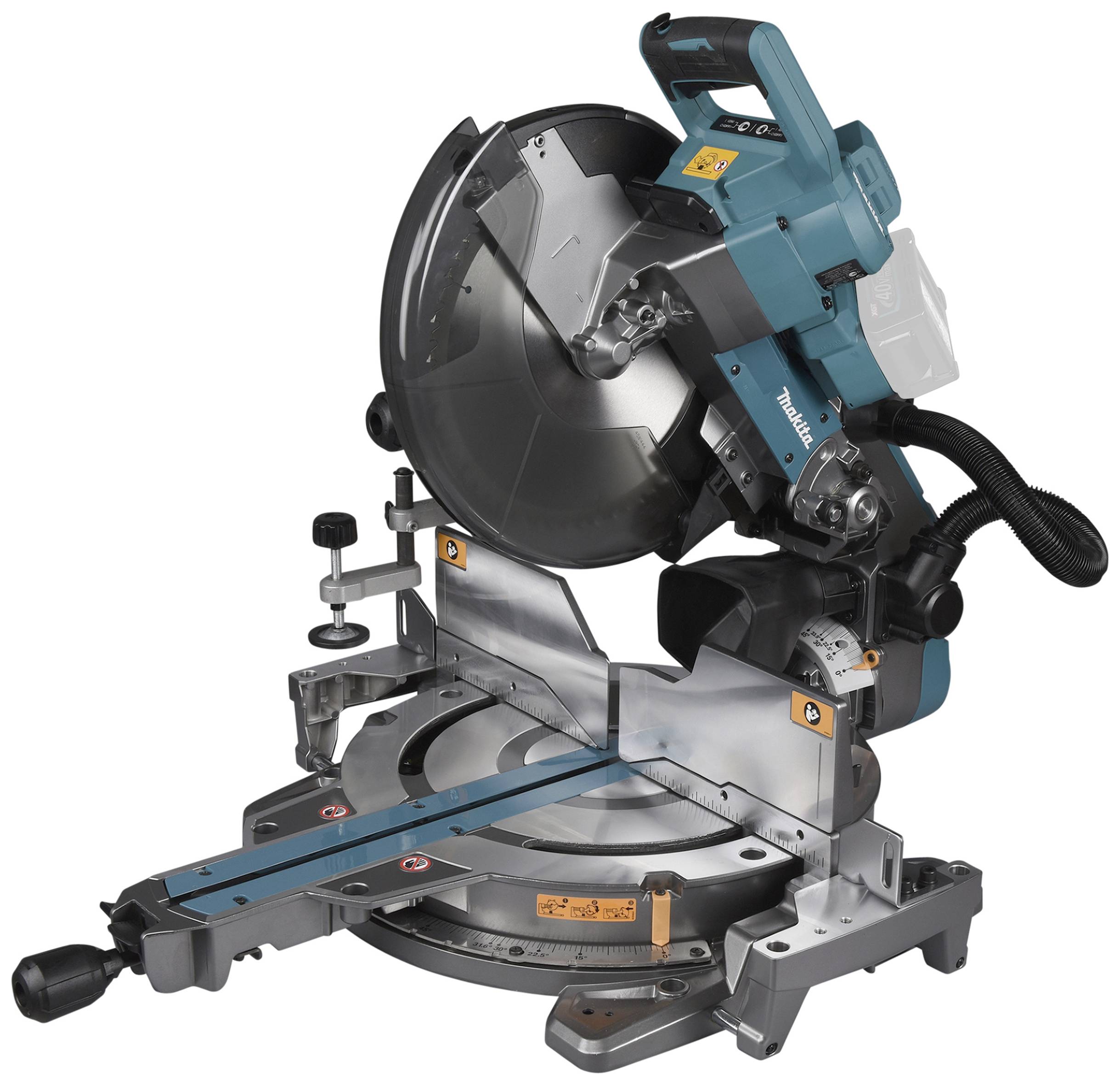 Mitre saw on a table, with mitring function and dust-free cutting area.