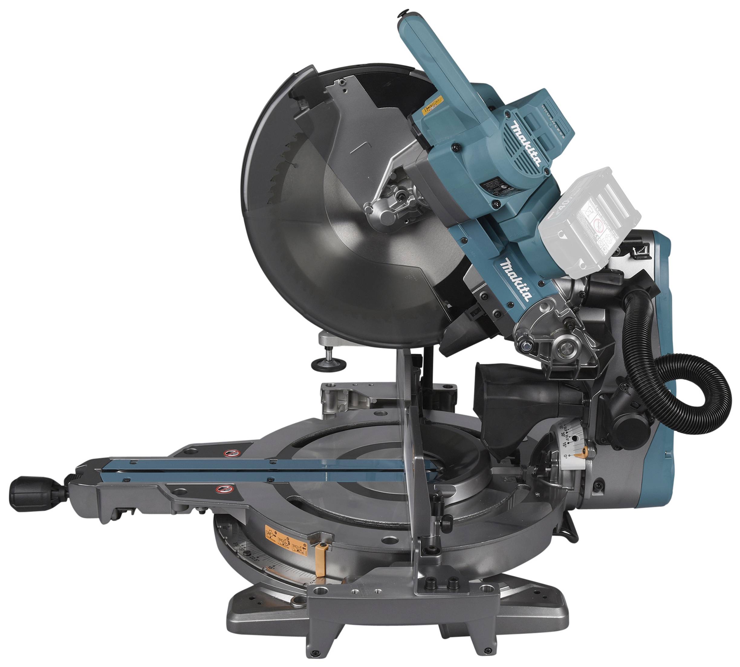 Mitre saw with a blue-black casing, adjustable guide, and saw blade guard, designed for precise wood cutting.
