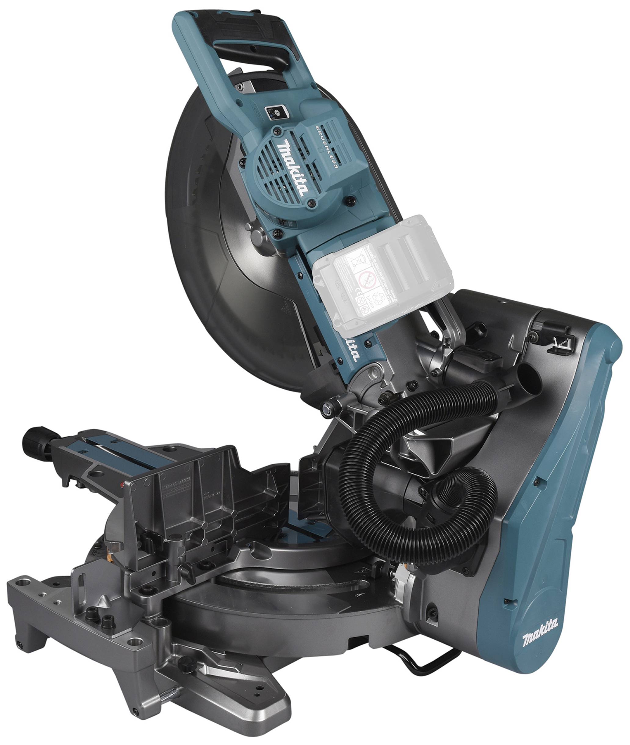 A blue and grey mitre saw mounted on a workbench, ideal for precise woodcuts in the workshop.