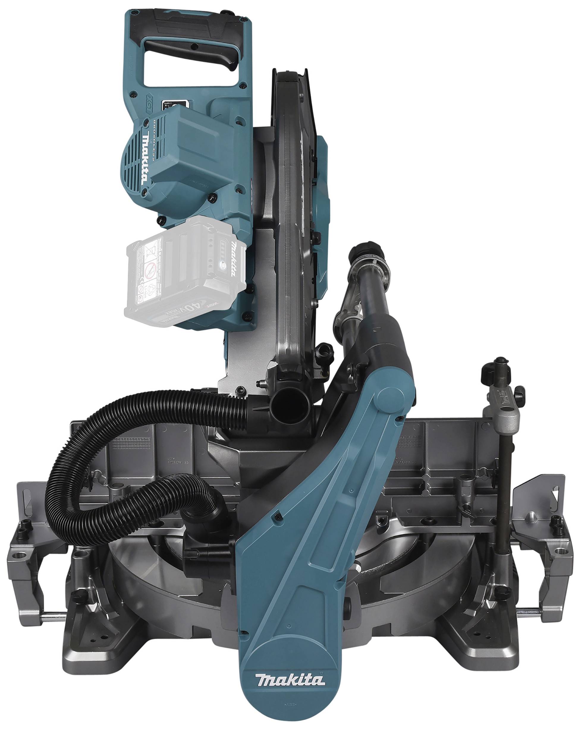 Makita mitre saw in blue and grey. Suitable for precision cutting of wood materials. Includes a dust extraction tube.