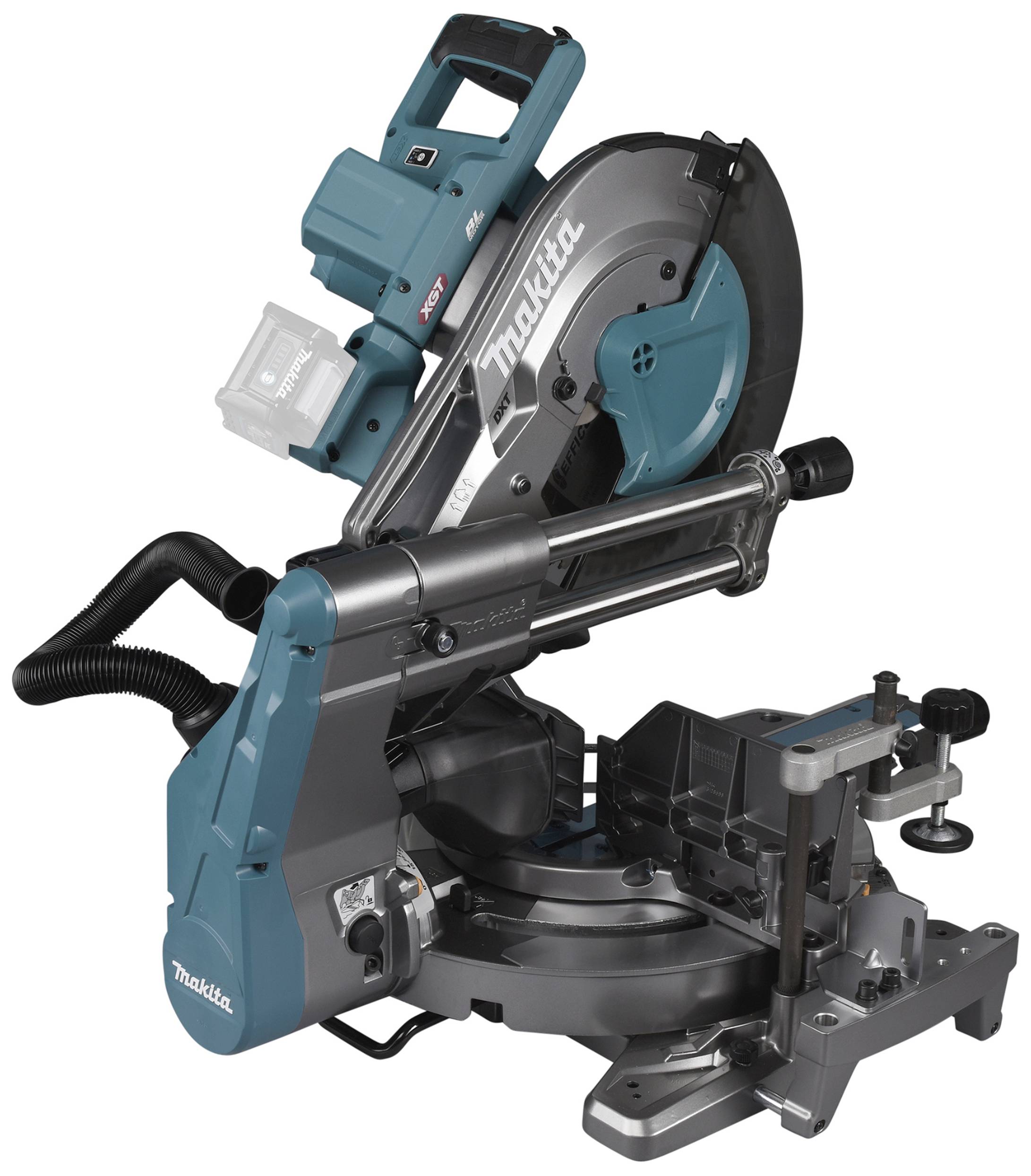 Modern mitre saw with a blue casing and silver details, showing precise saw teeth and adjustment options for woodworking.