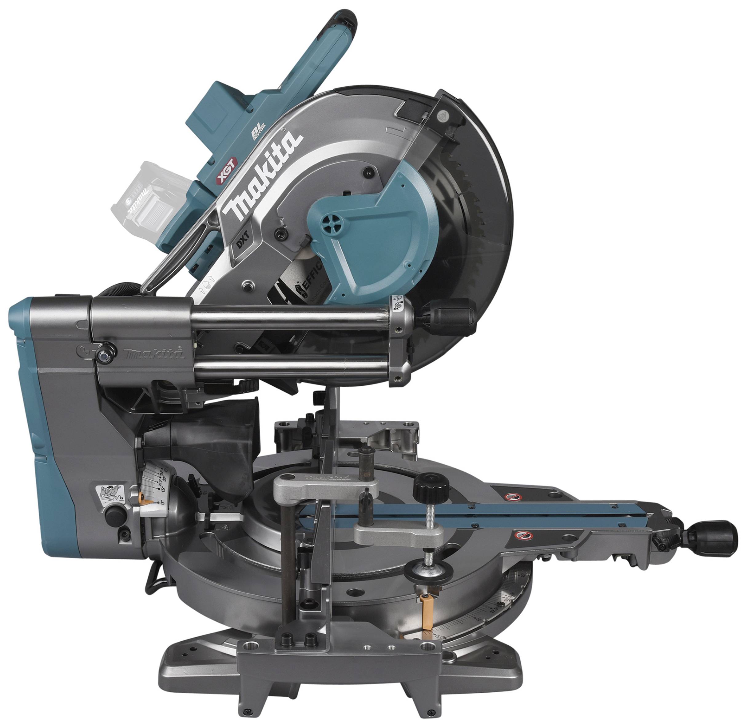 A Makita mitre saw is standing on a workbench. It is blue-grey and shows a sharp blade intended for woodworking.