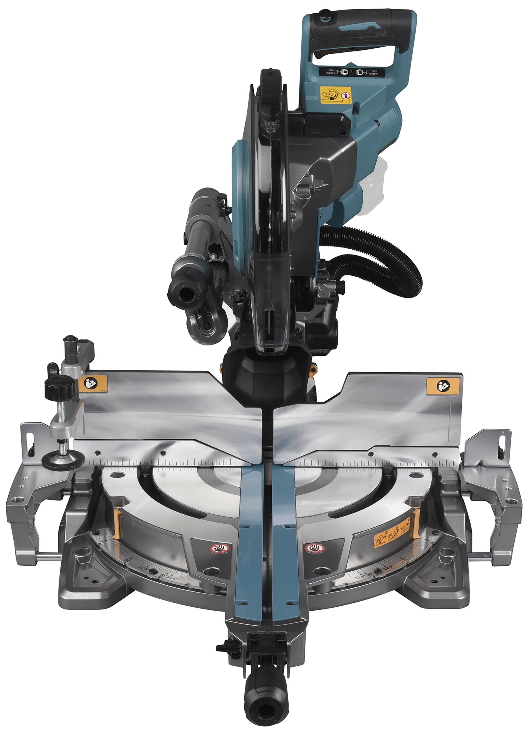 Mitre saw with a blue casing and silver base, suitable for precise cuts in woodworking.