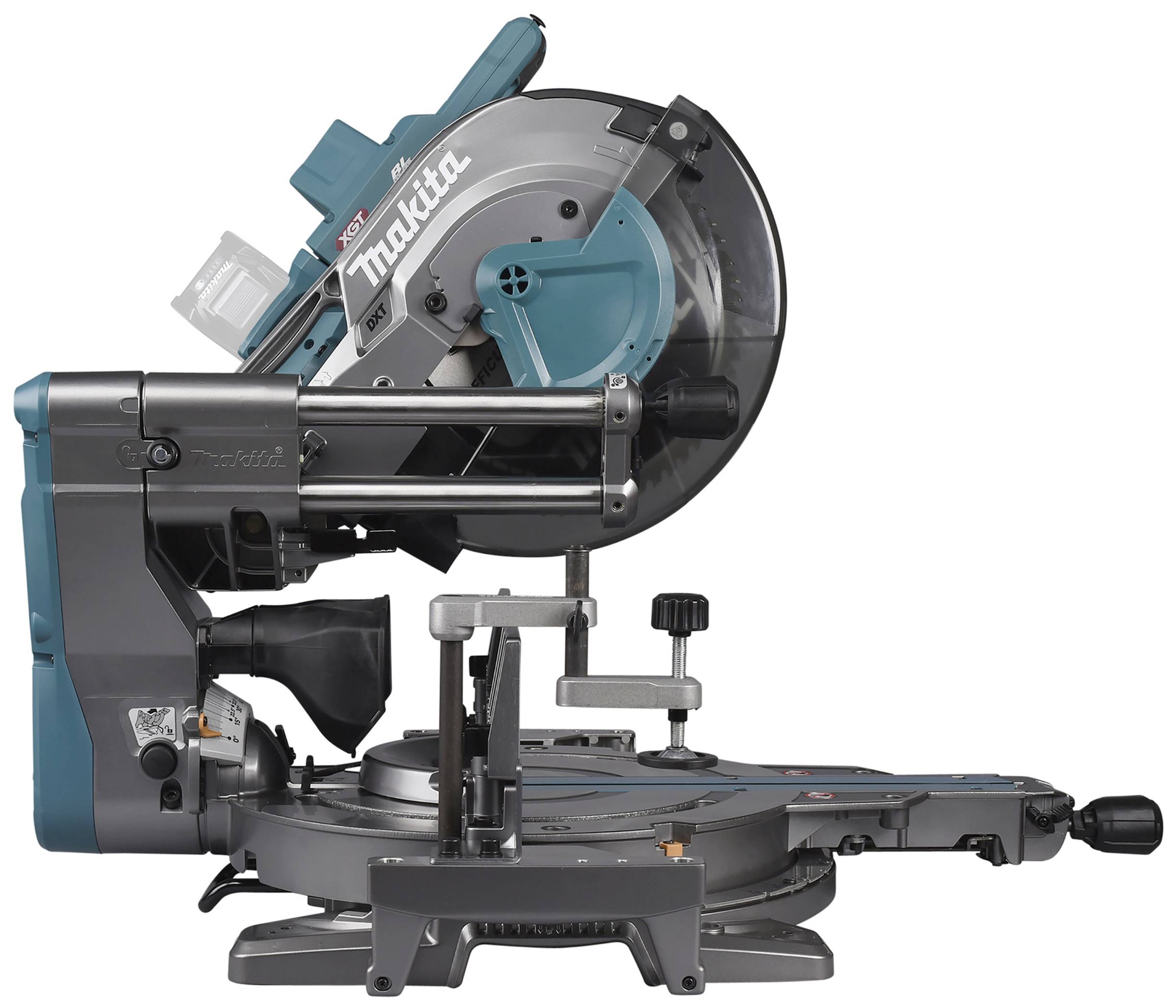 Mitre saw in side view. It has a blue-grey housing and is mounted on a stand.