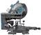 Mitre saw in side view. It has a blue-grey housing and is mounted on a stand.