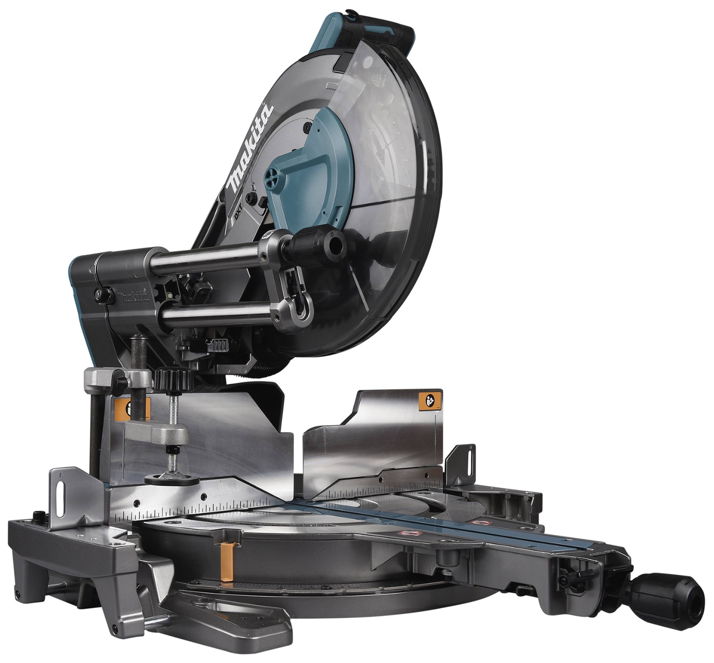 Mitre saw with blue guard, suitable for precise wood cutting in workshops.
