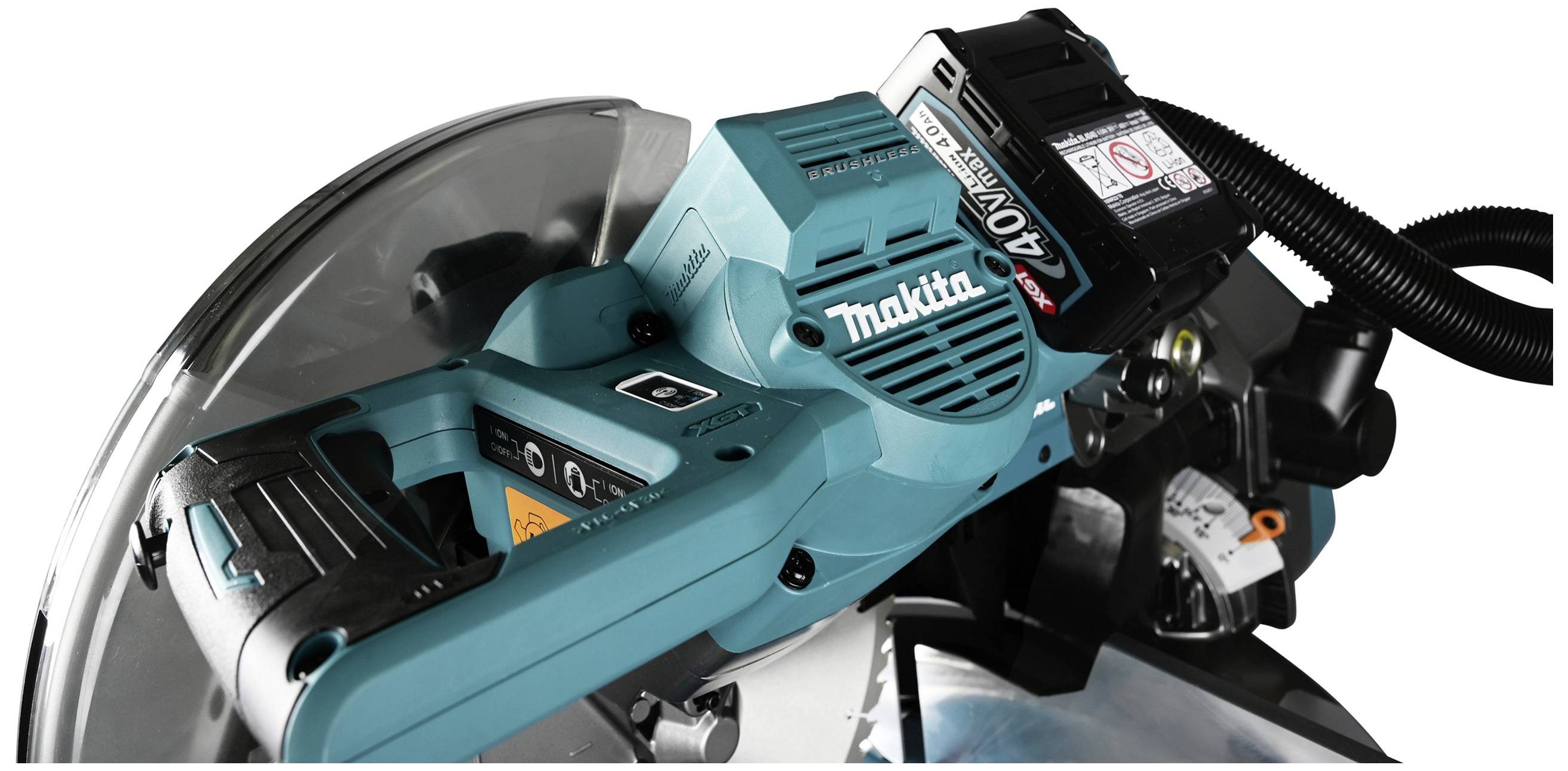 Battery-powered mitre saw in close-up. Visible are the handle, the 40V battery, and the trademark of a well-known power tool brand.