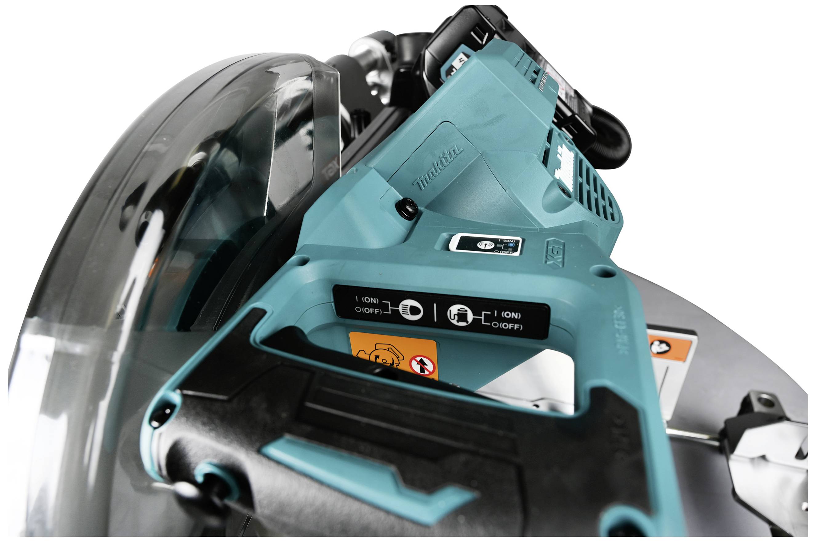 A blue and black circular hand saw with a transparent blade guard, showing close-up details of the handles and controls.