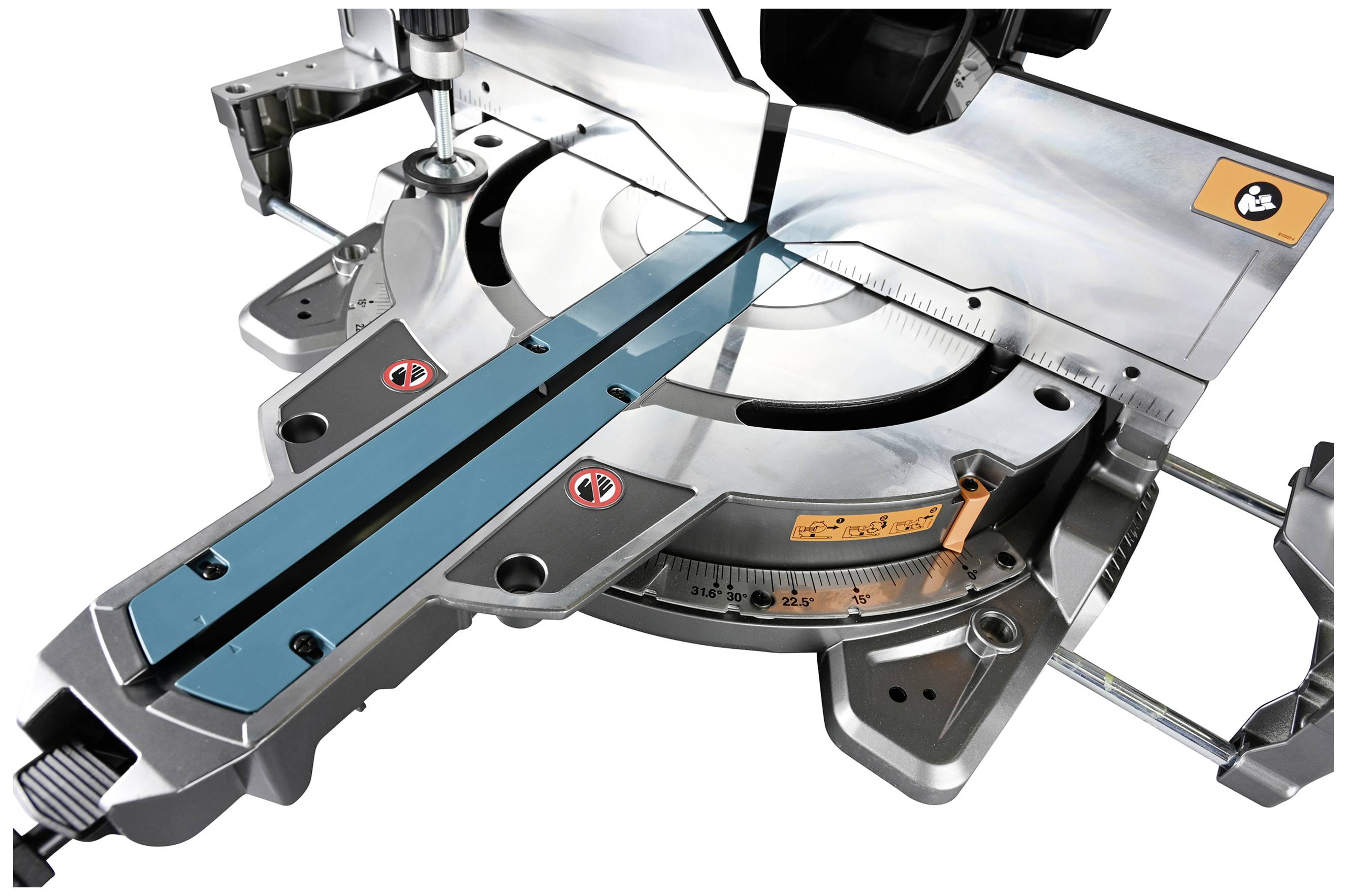 Mitre saw with a blue guide rail and silver saw blade mounted on a silver base. Angle scale for precise cutting.